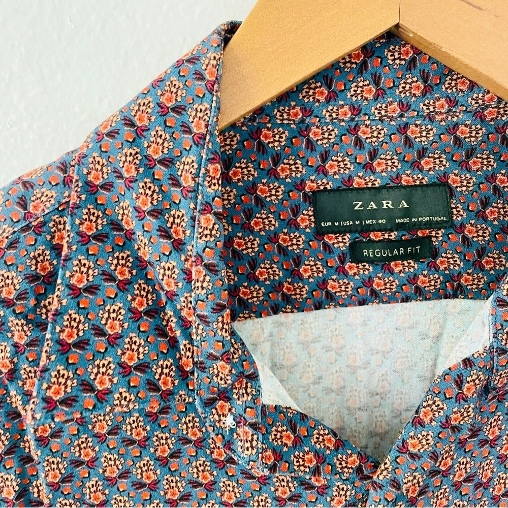 Zara Man Floral Button Down Shirt - Brown & Blue - Picture 1 of 3
